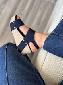 sandalias mujer altas estilo Moda 2025 punta cuadrada dos hebillas 22-26 mx variedad de colores estilos negro camel cómodos al caminar para exteriores, suela antideslizante - Azul Marino - Ver 1