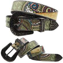波西米亚风格各种印花图案腰带，女士男士印花腰带，四季印花水钻扣牛仔裤配饰，高品质设计师水钻腰带，秋冬配饰，适合青少年、青年、男士、休闲、户外、运动、度假、毕业礼物、生日、日常穿着