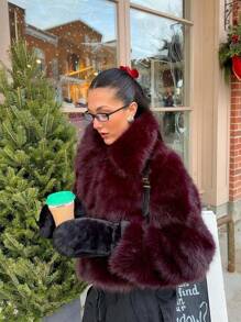 Camellia New Autumn/Winter Women's Fashion Casual Minimalist Faux Fur Effect Jacket - Burgundy - View 7