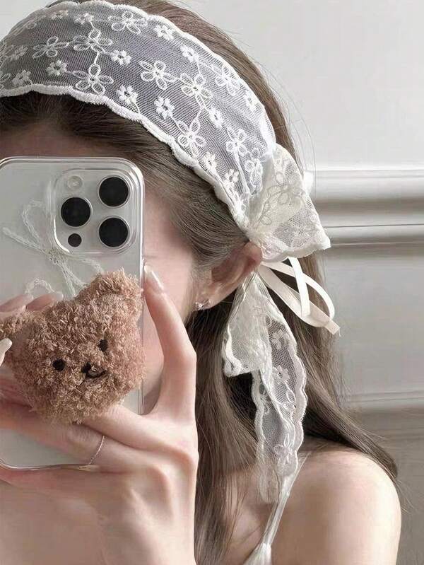 1pc Women's White Lace Bow Headband, Sweet & Cute Bohemian Style, Black Atmospheric Fashion Hair Accessory, Hair Band, Makeup, Hair Hoop, Hair Accessories ,Hairband For Women Head Accessories