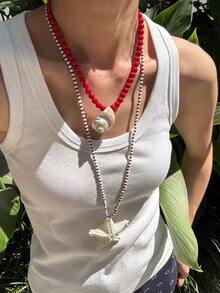 1pc Red Seashell Beaded Necklace, Elegant Sexy Glossy Pearl Jewelry Gift For Women, Party Accessory, Suitable For All Year Round, Special Occasion Jewelry, High Quality Pearl Strand, Romantic Gift