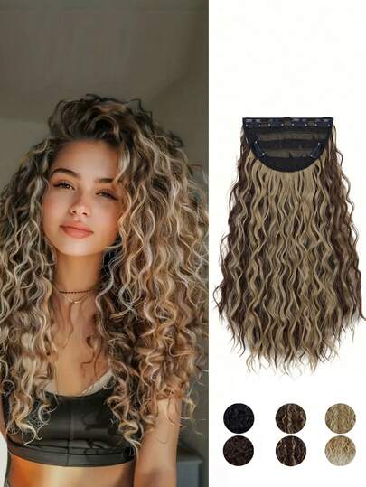 卷发接发 1 件 6 夹 18 英寸接发蕾丝纬纱短卷发接发夹隐形自然假发女士用，巧克力棕色带亮点