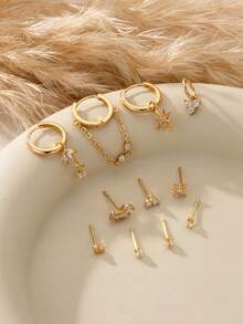 11 piezas Conjunto de aretes de cartílago multicapa con circonita cúbica brillante con colgante de estrella y corazón, joyería atractiva para fiestas para mujeres - Amarillo Oro - Ver 3