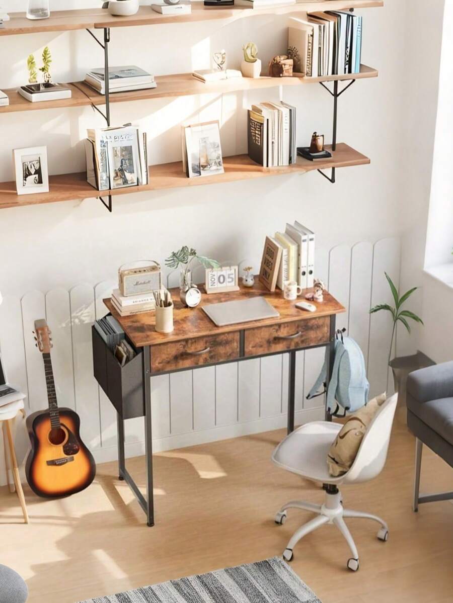 32 Inch Small Desk With Fabric Drawers – Vanity Table With Storage Drawer & Bag. Writing Desk For Bedroom/Study, Small Spaces - 鏽棕色 - 查看 1