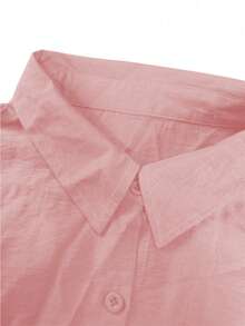 轻盈 Polo 领休闲开衫，百搭纯色优雅上衣，适合海滩、日常、通勤、工作、购物等场合，面料柔软，搭配松紧腰宽松长裤，两件套，春夏秋三季皆宜。 - 粉色 - 查看 5