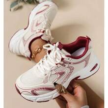 2025 Autumn 2024 Spring/Summer New Thick Sole Soft Leather Platform Chunky Sneakers, Women Mesh Breathable Running Shoes Casual Sport Shoes - Đỏ - Xem 1
