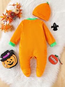 Conjunto de 2 peças para bebês/crianças com estampa de abóbora: macacão de manga comprida + chapéu, fantasia de Halloween. - Laranja - Ver 6