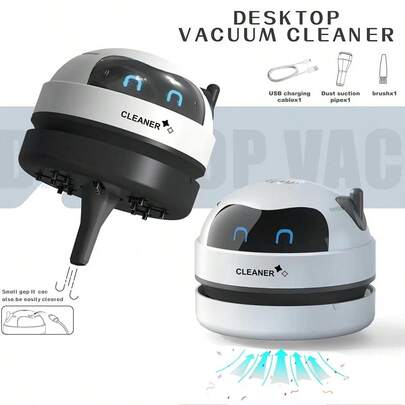 迷你桌面吸尘器，机器人形状，便携式桌面清洁工具，适用于桌面，便携式 USB 充电，单速，碎屑，橡皮擦碎屑，适用于家庭、办公室、厨房、钢琴键盘，适合返校礼物、万圣节礼物、圣诞节礼物
