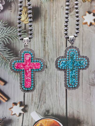 1pc Vintage Western Country Style Natural Crystal Stone Geometric Cross & Teardrop Design Pendant Necklace, Unisex