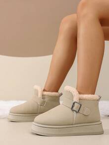 2025 Winter New Fashion Thick Fur Lining Snap Closure Plush Thick Sole Snow Boots, Warm, Anti-Slip, Suitable For Outdoor, Plus Size Mid-Calf Turnover Fur Snow Boots