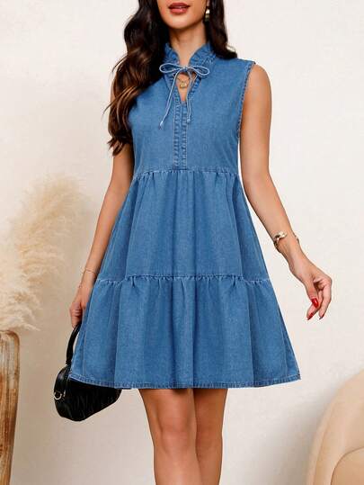 Women's Ruched Sleeveless Denim Dress