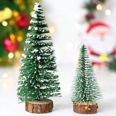 2棵圣诞迷你松树，两棵人造雪树，带木质底座，节日桌面装饰，理想的圣诞节中心摆件，完美的节日家居装饰和派对装饰品，圣诞节的绝佳礼物之选，圣诞装饰，房间装饰，冬季圣诞装饰，家居圣诞礼物，圣诞装饰