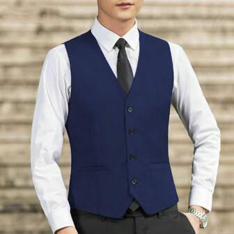韩版修身纯色背心，带假口袋，男士休闲西装领马甲