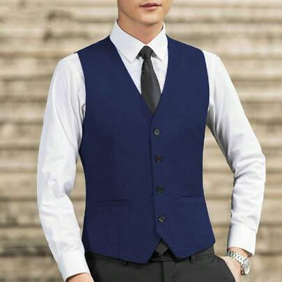 韩版修身纯色背心，带假口袋，男士休闲西装领马甲