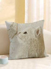 1 件 2D 平面印花白猫和蝴蝶枕套，18 英寸 X 18 英寸 - 非真刺绣，柔软舒适的装饰靠垫套，适用于农舍、办公室、家庭、客厅、卧室装饰 | 精美装饰抱枕，不含枕芯，2D 平面 - 米色 - 查看 3