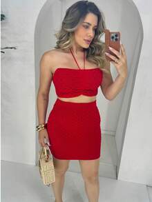 Conjunto Tricot Feminino Modal Escama Top Versatil Amarracao E Saia Curta Para Praia Passeio Verão Tamanho Unico Elastico. - Vermelho - Visão 6