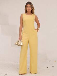 Elegant Linen Wide Leg Jumpsuit With Discreet Pockets - Yellow - View 1
