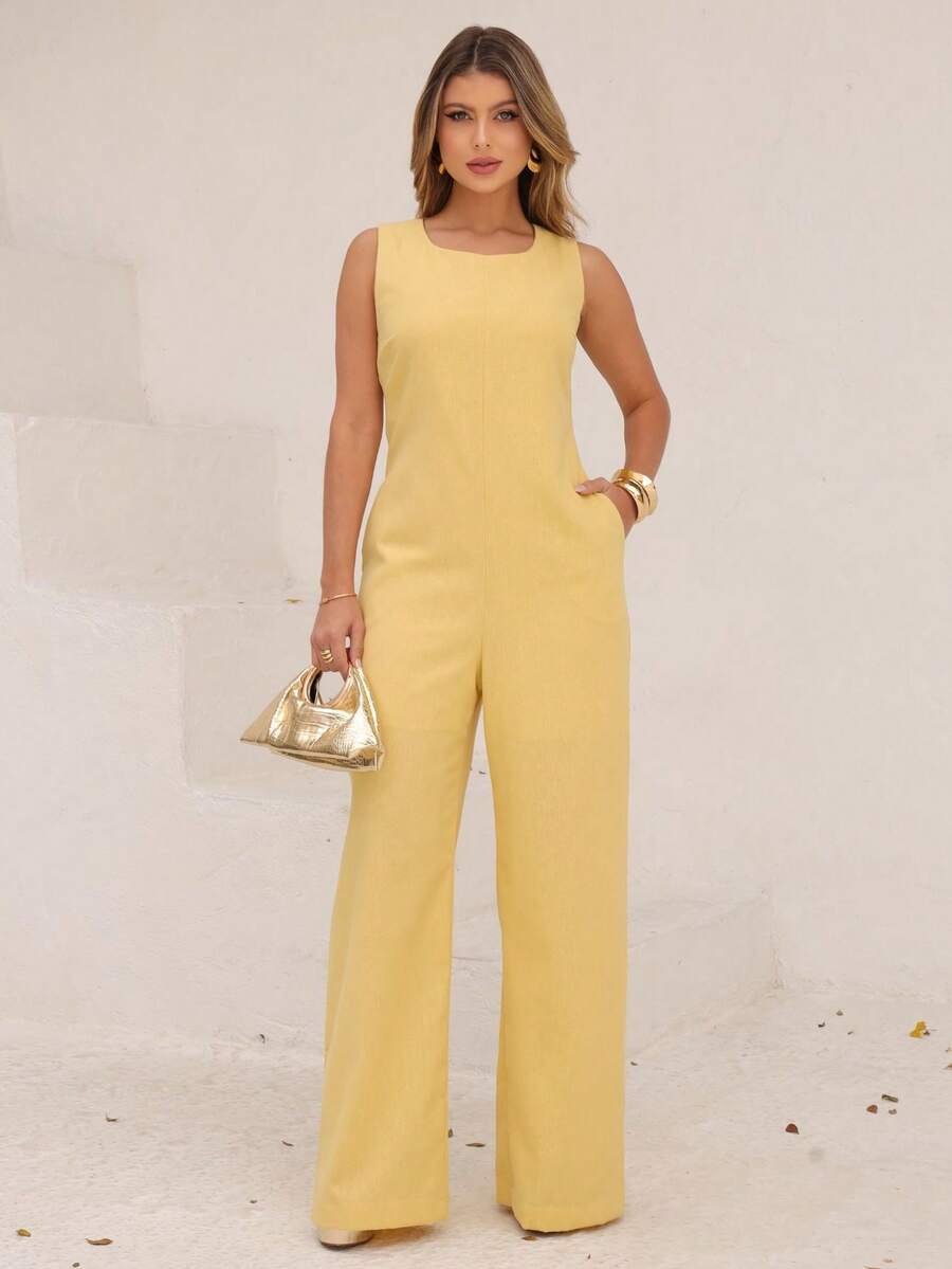 Elegant Linen Wide Leg Jumpsuit With Discreet Pockets - Yellow - View 1