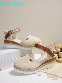 Foot Flair Women's Extra Large Size Patchwork One-Buckle Slingback Hemp Rope Sole Beach Sandals, Summer New Lightweight Platform Roman Flat Sandals - Beige - View 7