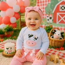 Sempre Bebê Roupa Conjunto Bebê Menina Mesversário Inverno Frio Conjuntinho Roupinha Bordado Algodão Vaca Vaquinha Fazendinha - Rosa Bebê - View 2