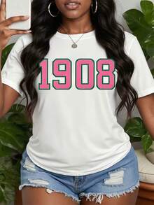 Women's 1908 Pretty Graphic Tee, Pink And Green AKA Pattern T-Shirt, Playful Letters T-Shirt, Pretty Girl Outfit, Casual Short Shirt, AKA Print Tee, Round Neck T-Shirt, Comfortable Fit - 白色 - 查看 1