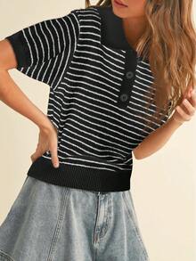 Áo thun polo dệt kim sọc tương phản cài nút phía trước - màu đen - Xem 1