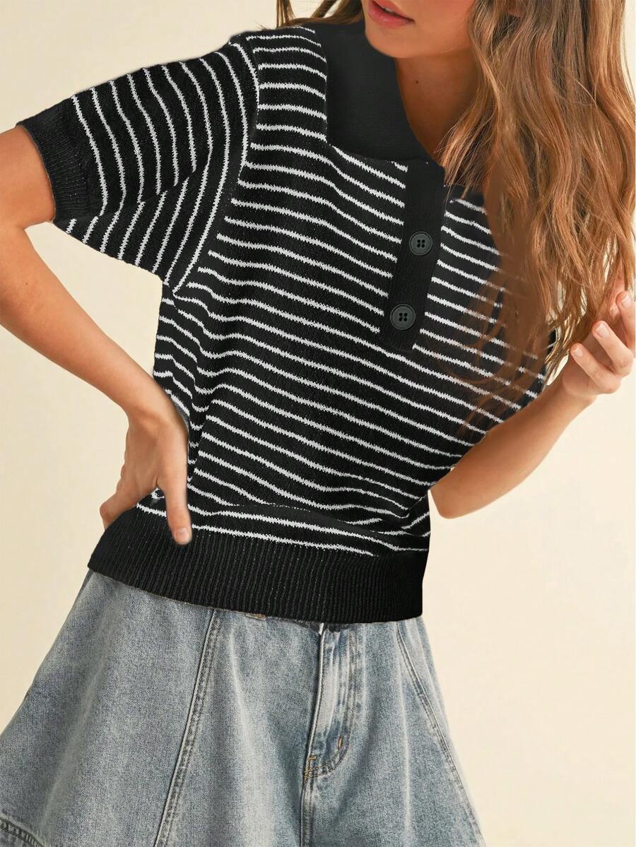 Áo thun polo dệt kim sọc tương phản cài nút phía trước - màu đen - Xem 1