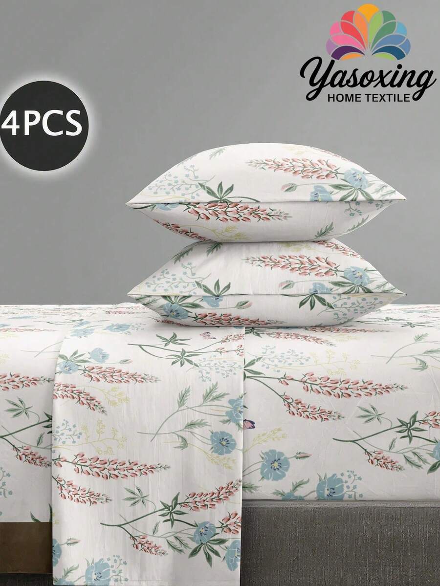 4pcs Botanical Flower Plant Leaves Pattern Sheet Set Easy Care Microfiber Soft Bedding Set Fitted Sheet Set (1pc Flat Sheet+1pc Fitted Sheet+2pcs Pillowcases) Fitted Sheet Set King Queen Full TWIN SIZE Sheet Deep Pocket Up To 11.8 Inch Pillowcase, Soft Breathable Wrinkle-Free Better For Sleep, Luxury Hotel Style, Gift For Mom Dad Friend Domitory Bedding Back School - Multicolor - View 1