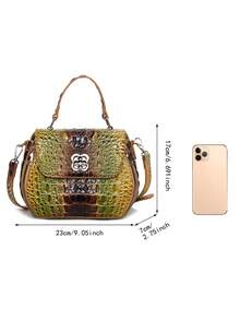 Classic Solid Color Mini Square Handbag, Crocodile Pattern Top Handle Bag For Women - 6#黃+棕 - 查看 8