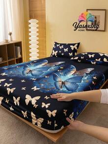 2/3件套金色和藏蓝色蝴蝶花卉图案床上用品套装（不含枕芯），卧室适用，超细纤维面料，透气舒适。包含1件床笠和1/2件枕套（不含枕芯），适用于单人床、双人床、大号床、特大号床，深口袋设计，深度达11.8英寸，透气抗皱，提升睡眠质量，可机洗。 - 彩色 - 查看 5