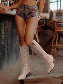 Women's High Shaft, Chunky Heel, Pointed Toe Embroidered Cowboy Boots, Autumn/Winter