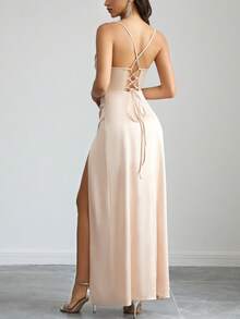 女士优雅香槟色缎面吊带褶皱露背开衩连衣裙，适合宴会、派对、婚礼、伴娘等场合，春季穿着 - 香檳色 - 查看 2