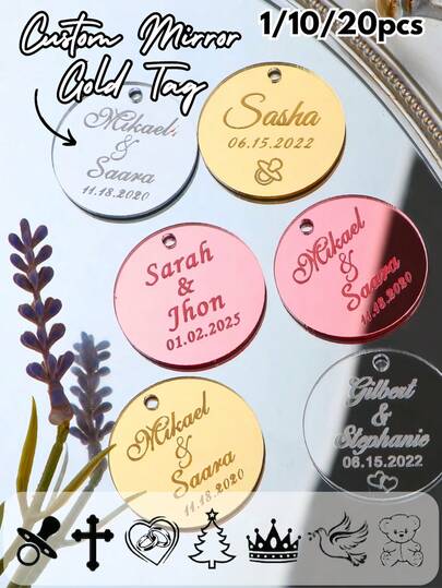 1/10/20pcs Personalized Acrylic Engraved Round Pendant, 3.5cm, Customizable For Wedding, Birthday, Christening, Mirror Gold Color, Decorative Gift, Multi-Functional, Decorative, Reusable, Elegant