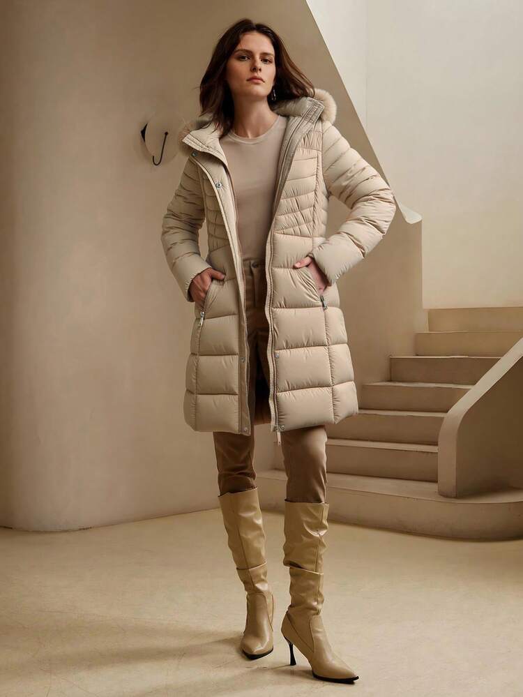 Fashionable Portable Faux Fur Collar Hooded Women's Jacket, Essential Down Coat For Autumn/Winter - Apricot - View 7