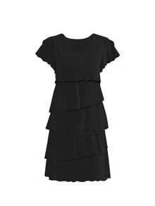 Vestido de capas suelto y favorecedor para mujer, de manga corta, largo midi, para primavera/verano - Negro - Ver 4
