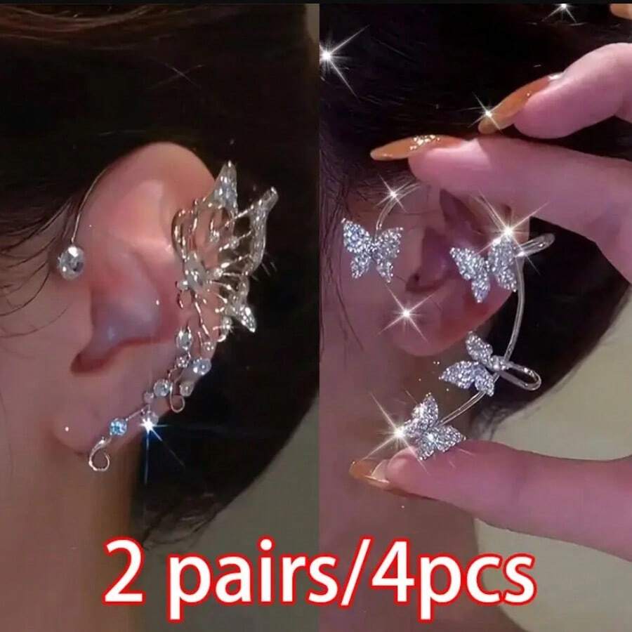 4Pcs Fashion Style Shiny Butterfly Ear Wrap, Elf Earrings Fairy Ear Climber Luxury No Piercing Clip On Earrings - Bạc/4 chiếc - Xem 1