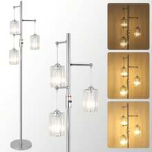Modern Crystal Floor Lamp For Living Room, 3 Lights Dimmable Standing Lamp, Industrial Silver Tree Lamp With Crystal Shade, Foot Switch, 65" Tall Corner Lamp For Bedroom Reading, Chrome - 查看 1