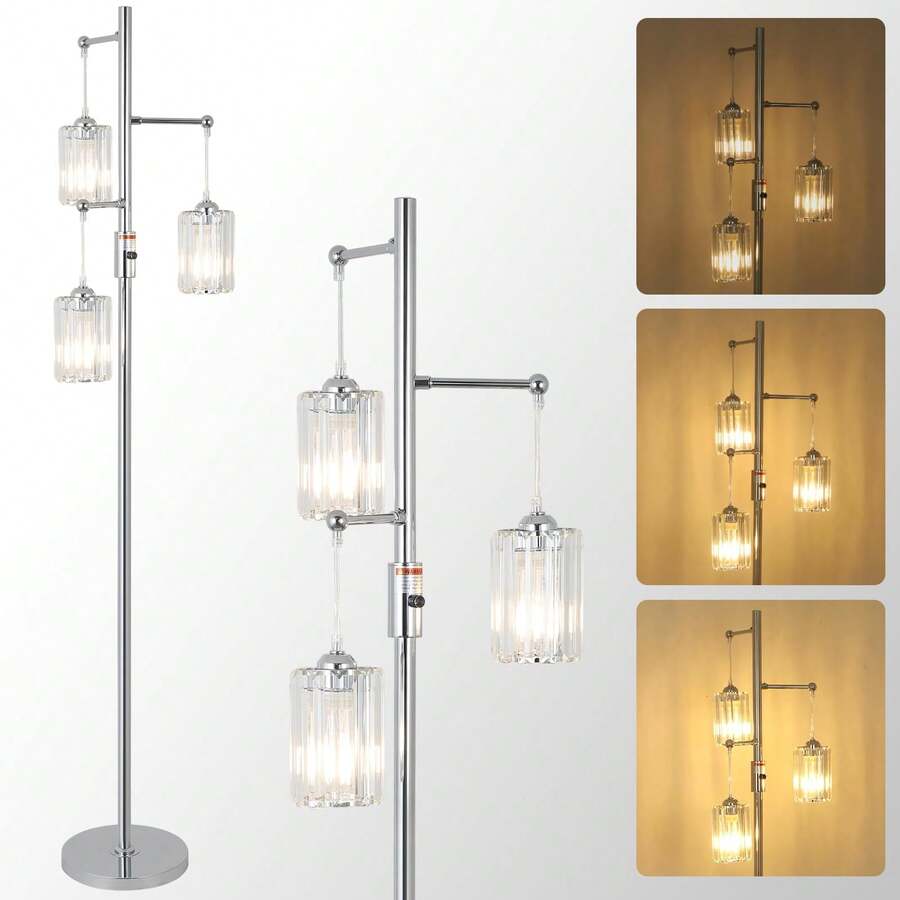 Modern Crystal Floor Lamp For Living Room, 3 Lights Dimmable Standing Lamp, Industrial Silver Tree Lamp With Crystal Shade, Foot Switch, 65" Tall Corner Lamp For Bedroom Reading, Chrome - 查看 1