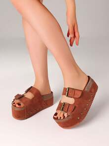 Women's Cork Platform Sandals Fashion Studded Adjustable Buckle Straps Slip On Thick Bottom Casual Wedges Clogs Slide Sandals Woman - Brown - View 4