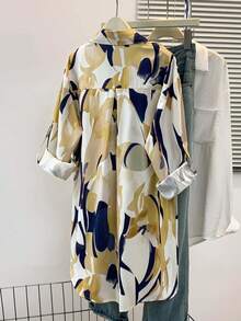 女士休闲长袖树叶印花衬衫，前襟纽扣开合，带口袋，卷边袖口，翻领设计，适合秋、冬、春季穿着。 - 黃色 - 查看 5