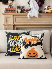1pc Halloween Ghost& Witch& Spider& Pumpkin Exquisite Embroidery Cushion Pillowcase, Decorated For Multiple Room Types And Sizes, Machine Washable, Zipper Closure, No Pillow Core Home Decor Halloween Decor Room Decor Pillow Case Pillow Cases Cushion Cover Cushion Covers