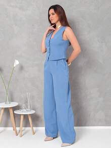 Women's Vest And Tailored Trousers Set - 藍色 - 查看 4