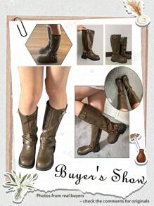 planare Botas de motocicleta de estilo casual con cremallera lateral y hebilla para mujeres, botas occidentales de tacón grueso color marrón moca, calzado de otoño, botas altas para mujeres, botas de goma para invierno, botas por encima de la rodilla, botas hasta la pantorrilla para mujeres que combinan con vestidos negros