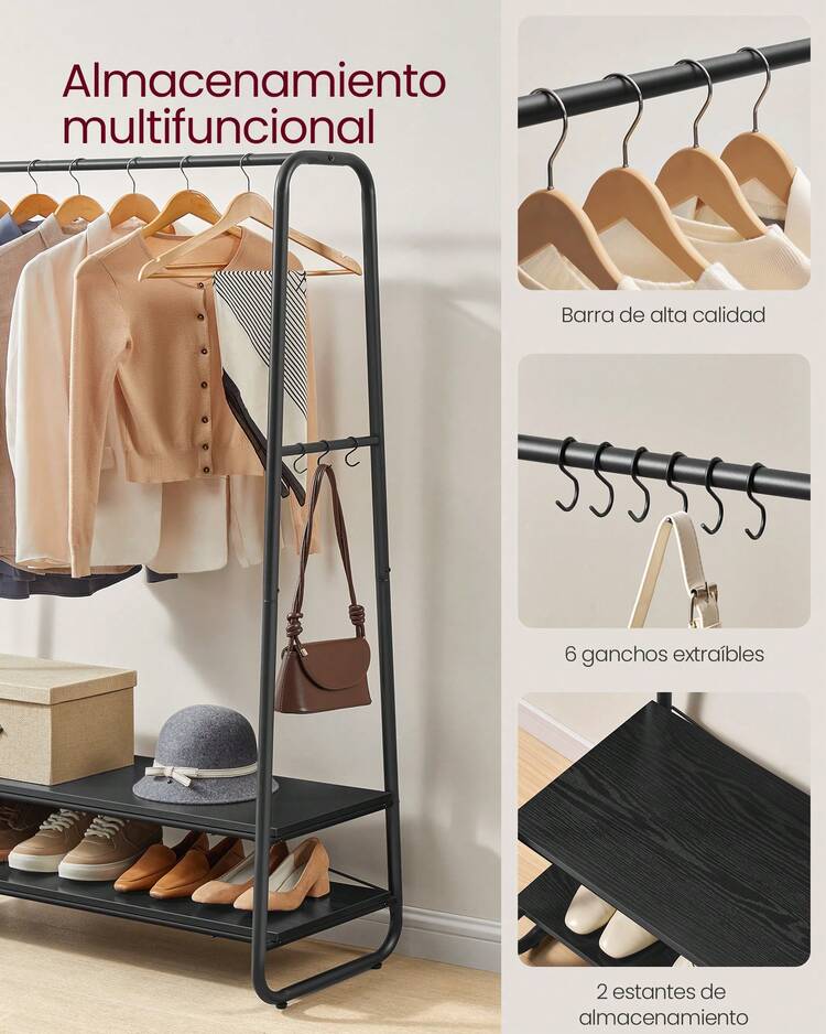 VASAGLE Perchero Burro, Perchero Recibidor con 2 Estantes, 6 Ganchos en Forma de S, Marco de Acero, 45 x 100 x 160 cm, para el Dormitorio, Negro Ébano y Negro Mate - Negro - Ver 4