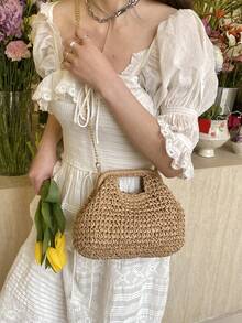 时尚草编包，女士小众时尚编织森林风链条单肩包，休闲百搭斜挎包，适合外出、约会、购物、送礼、通勤等各种场合 - 卡其色 - 查看 3