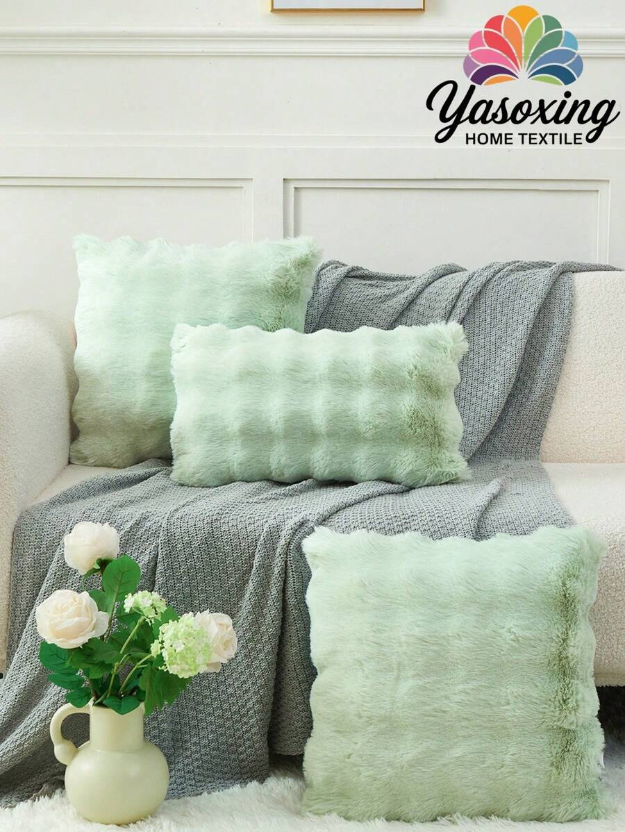 1pc Light Green Tie Dye Decorative Faux Rabbit Fur Cushion Cover Without Filler, Modern Flannelette Fuzzy Plush Throw Pillow Cover Zipper Closure For Home, For Sofa, Living Room