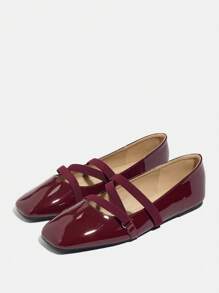 女士平底鞋，易于穿着，优雅低跟，百搭时尚闪亮红色方头玛丽珍芭蕾平底鞋，配有松紧带，适合圣诞节 - 酒紅色 - 查看 7