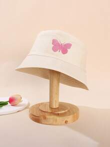 1pc Vintage Solid Color Plain Bucket Hat For Kids, Outdoor Sports Travel Sun Ion Unisex Bucket Hat - 1pc Butterfly Embroidery - View 7