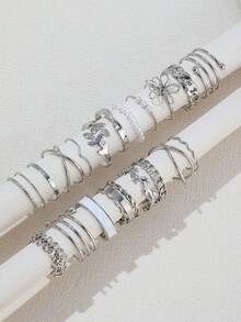 22pcs 5-Petal Flower, Pearl, Leaf Geometric Metal Knuckle Rings Set, Suitable For Women Daily, Wedding, Party, Holiday, Beach, Great Gift For Girlfriend, Mom, Friends - Silver - View 2