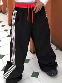 男士抽绳腰侧条纹阔腿宽松休闲时尚运动裤 - 黑色 - 查看 2